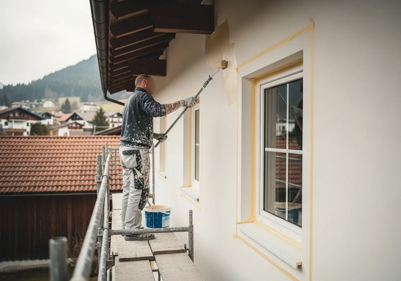 Maler auf dem Gerüst beim Anstrich einer Hausfassade